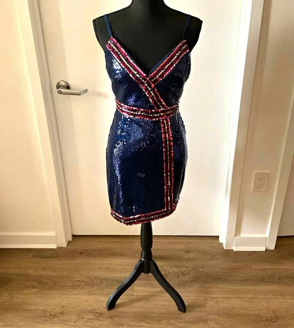 BCBGMAXAZRIA Sequin Stripe Wrap Mini Dress NWT Dark Navy Blue Cocktail size 6